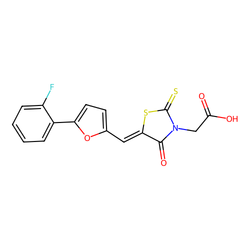 (Z)-2-(5-((5-(2-fluorophenyl)furan-2-yl)methylene)-4-oxo-2-thioxothiazolidin-3-yl)acetic acid structure