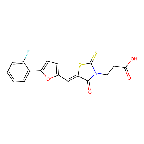 (Z)-3-(5-((5-(2-fluorophenyl)furan-2-yl)methylene)-4-oxo-2-thioxothiazolidin-3-yl)propanoic acid structure