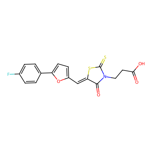 3-[(5Z)-5-{[5-(4-fluorophenyl)furan-2-yl]methylidene}-4-oxo-2-thioxo-1,3-thiazolidin-3-yl]propanoic acid structure