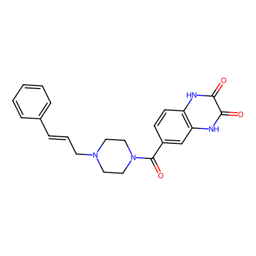 (E)-6-(4-cinnamylpiperazine-1-carbonyl)quinoxaline-2,3(1H,4H)-dione structure