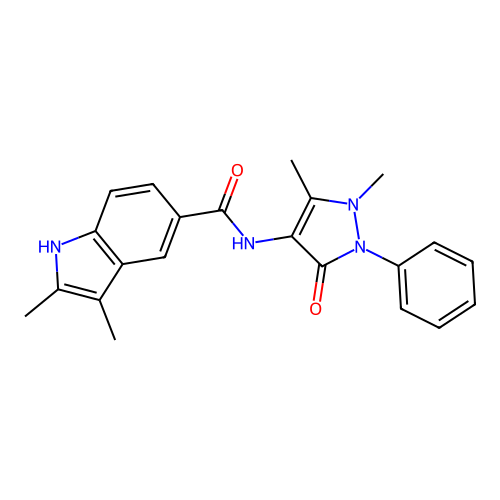 N-(1,5-dimethyl-3-oxo-2-phenyl-2,3-dihydro-1H-pyrazol-4-yl)-2,3-dimethyl-1H-indole-5-carboxamide structure