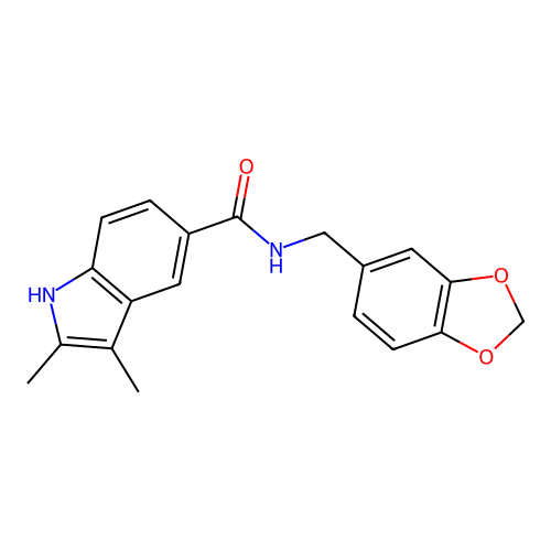 N-(1,3-benzodioxol-5-ylmethyl)-2,3-dimethyl-1H-indole-5-carboxamide structure