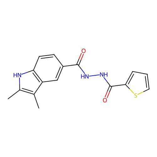 2,3-dimethyl-N'-(thiophen-2-ylcarbonyl)-1H-indole-5-carbohydrazide structure