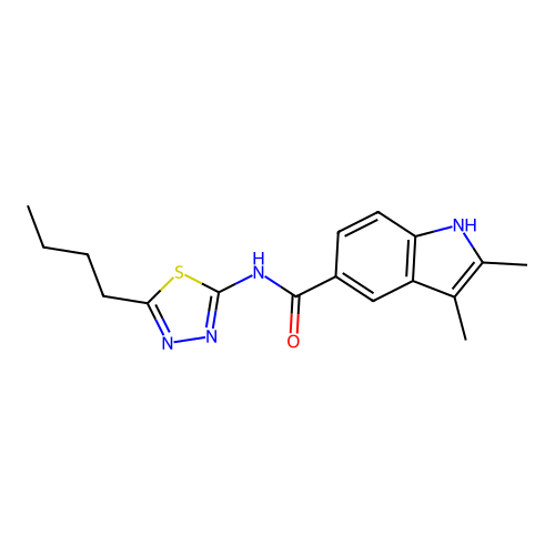 N-(5-butyl-1,3,4-thiadiazol-2-yl)-2,3-dimethyl-1H-indole-5-carboxamide structure