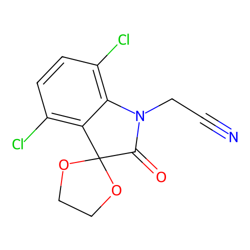 (4',7'-dichloro-2'-oxospiro[1,3-dioxolane-2,3'-indol]-1'(2'H)-yl)acetonitrile structure