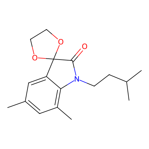 1'-isopentyl-5',7'-dimethyl-1',2'-dihydrospiro([1,3]dioxolane-2,3'-indole)-2'-one structure