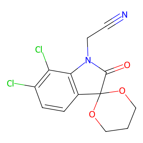 (6',7'-dichloro-2'-oxospiro[1,3-dioxane-2,3'-indol]-1'(2'H)-yl)acetonitrile structure
