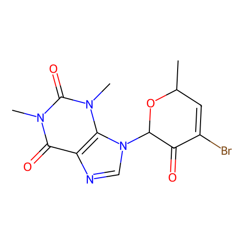 9-(4-Bromo-6-methyl-3-oxo-3,6-dihydro-2H-pyran-2-yl)-1,3-dimethyl-1H-purine-2,6(3H,9H)-dione structure