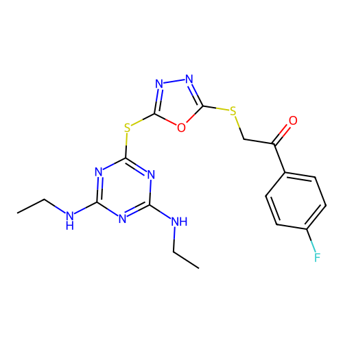 2-((5-((4,6-Bis(ethylamino)-1,3,5-triazin-2-yl)thio)-1,3,4-oxadiazol-2-yl)thio)-1-(4-fluorophenyl)ethanone structure