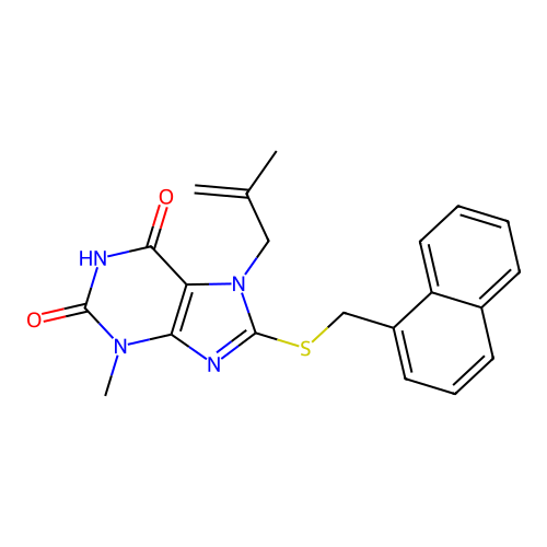 3-methyl-7-(2-methylprop-2-enyl)-8-(naphthalen-1-ylmethylsulfanyl)purine-2,6-dione structure