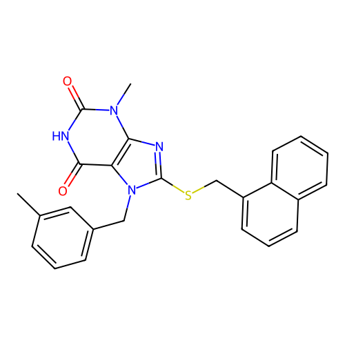 3-methyl-7-[(3-methylphenyl)methyl]-8-(naphthalen-1-ylmethylsulfanyl)purine-2,6-dione structure