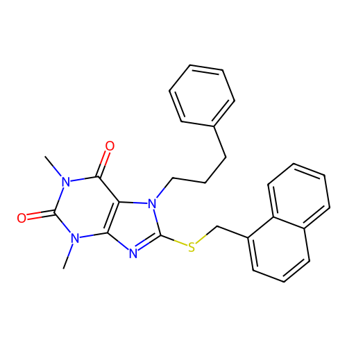 1,3-dimethyl-8-(naphthalen-1-ylmethylsulfanyl)-7-(3-phenylpropyl)purine-2,6-dione structure