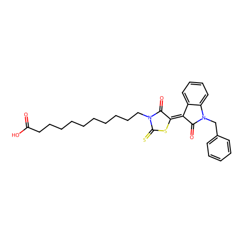 11-[(5Z)-5-(1-benzyl-2-oxo-1,2-dihydro-3H-indol-3-ylidene)-4-oxo-2-thioxo-1,3-thiazolidin-3-yl]undecanoic acid structure
