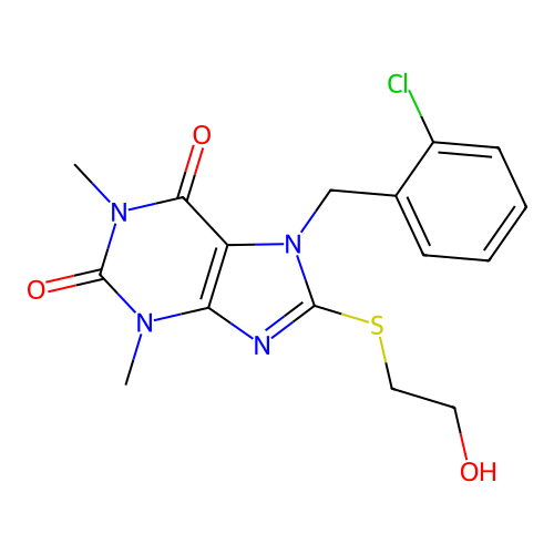 7-[(2-chlorophenyl)methyl]-8-[(2-hydroxyethyl)sulfanyl]-1,3-dimethyl-2,3,6,7-tetrahydro-1H-purine-2,6-dione structure