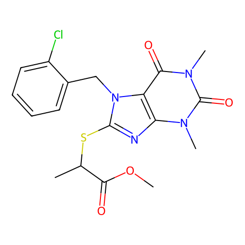 methyl 2-[7-[(2-chlorophenyl)methyl]-1,3-dimethyl-2,6-dioxopurin-8-yl]sulfanylpropanoate structure
