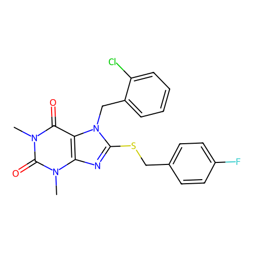 7-[(2-chlorophenyl)methyl]-8-[(4-fluorophenyl)methylsulfanyl]-1,3-dimethylpurine-2,6-dione structure