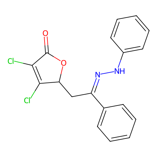 3,4-Dichloro-5-(2-phenyl-2-(2-phenylhydrazono)ethyl)furan-2(5H)-one structure