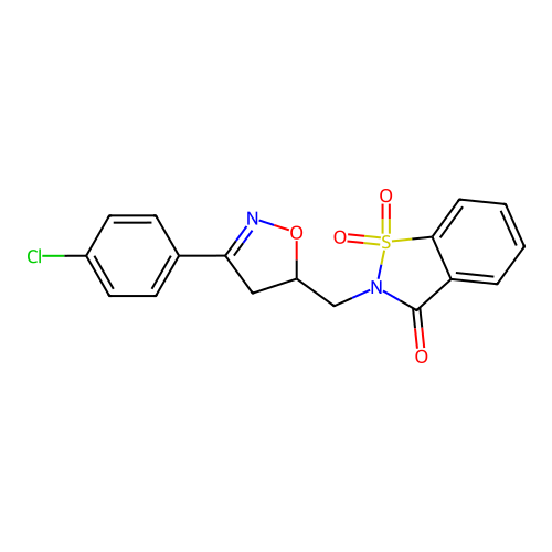 2-((3-(4-chlorophenyl)-4,5-dihydroisoxazol-5-yl)methyl)benzo[d]isothiazol-3(2H)-one 1,1-dioxide structure