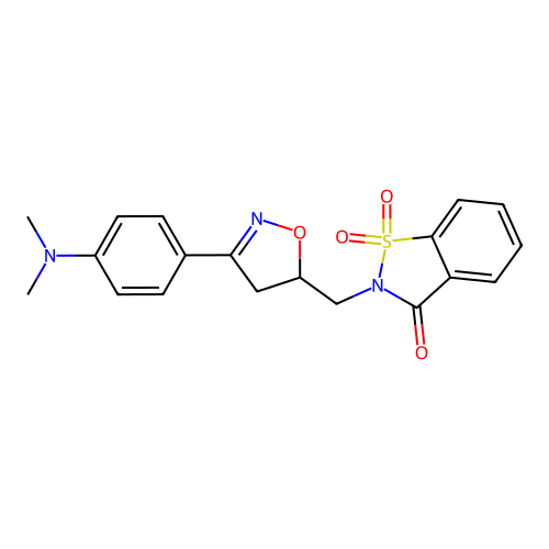 2-[[3-[4-(dimethylamino)phenyl]-4,5-dihydroisoxazol-5-yl]methyl]-1,1-dioxo-1,2-benzothiazol-3-one structure