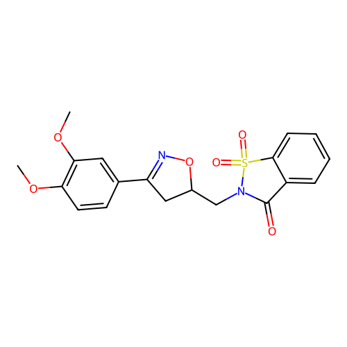 2-((3-(3,4-dimethoxyphenyl)-4,5-dihydroisoxazol-5-yl)methyl)benzo[d]isothiazol-3(2H)-one 1,1-dioxide structure