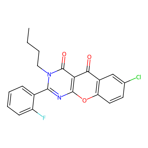 3-butyl-7-chloro-2-(2-fluorophenyl)-4H-chromeno[2,3-d]pyrimidine-4,5(3H)-dione structure