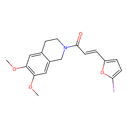 (2E)-1-(6,7-dimethoxy-3,4-dihydroisoquinolin-2(1H)-yl)-3-(5-iodofuran-2-yl)prop-2-en-1-one structure