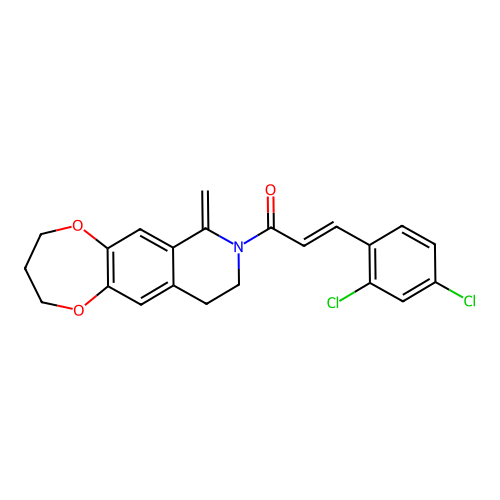 (2E)-3-(2,4-dichlorophenyl)-1-(7-methylidene-3,4,9,10-tetrahydro-2H-[1,4]dioxepino[2,3-g]isoquinolin-8(7H)-yl)prop-2-en-1-one structure