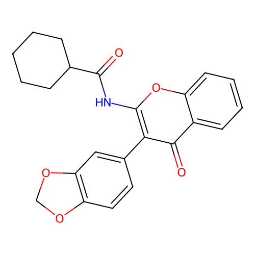 N-[3-(1,3-benzodioxol-5-yl)-4-oxochromen-2-yl]cyclohexanecarboxamide structure