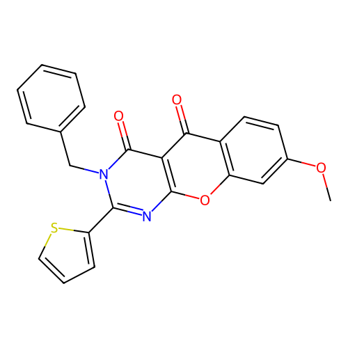 3-benzyl-8-methoxy-2-(thiophen-2-yl)-3H-chromeno[2,3-d]pyrimidine-4,5-dione structure