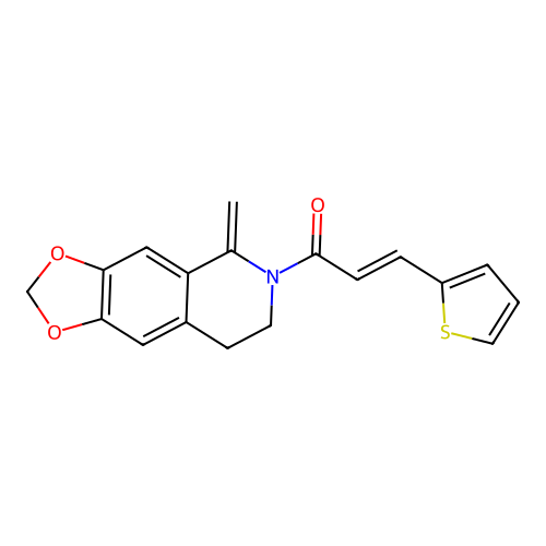 (2E)-1-(5-methylidene-7,8-dihydro[1,3]dioxolo[4,5-g]isoquinolin-6(5H)-yl)-3-(thiophen-2-yl)prop-2-en-1-one structure