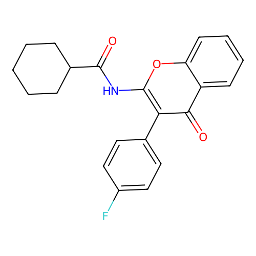 N-(3-(4-fluorophenyl)-4-oxo-4H-chromen-2-yl)cyclohexanecarboxamide structure