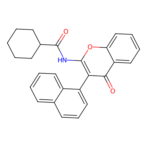 N-(3-(naphthalen-1-yl)-4-oxo-4H-chromen-2-yl)cyclohexanecarboxamide structure