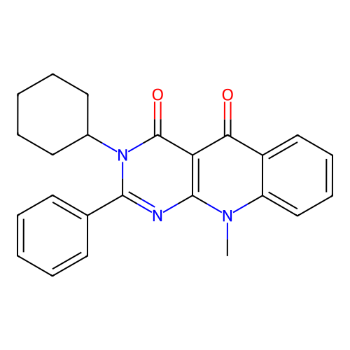 3-cyclohexyl-10-methyl-2-phenylpyrimido[4,5-b]quinoline-4,5(3H,10H)-dione structure