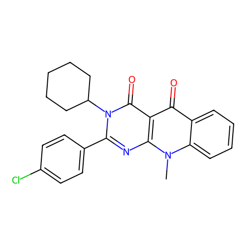 2-(4-chlorophenyl)-3-cyclohexyl-10-methylpyrimido[4,5-b]quinoline-4,5(3H,10H)-dione structure