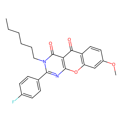 2-(4-fluorophenyl)-3-hexyl-8-methoxy-4H-chromeno[2,3-d]pyrimidine-4,5(3H)-dione structure