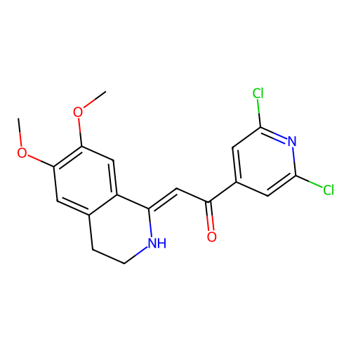 (2Z)-1-(2,6-dichloropyridin-4-yl)-2-(6,7-dimethoxy-3,4-dihydro-2H-isoquinolin-1-ylidene)ethanone structure