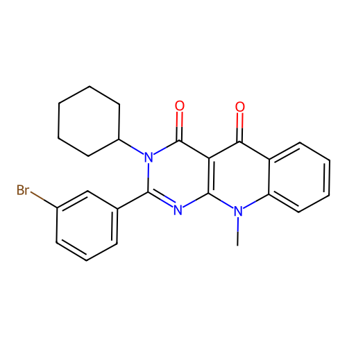 2-(3-bromophenyl)-3-cyclohexyl-10-methylpyrimido[4,5-b]quinoline-4,5(3H,10H)-dione structure