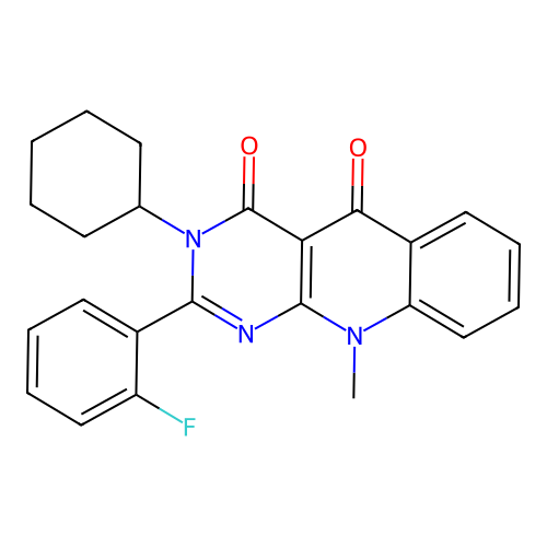 3-cyclohexyl-2-(2-fluorophenyl)-10-methylpyrimido[4,5-b]quinoline-4,5(3H,10H)-dione structure