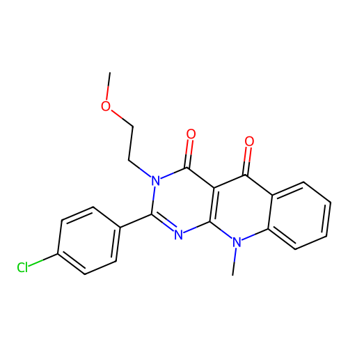2-(4-chlorophenyl)-3-(2-methoxyethyl)-10-methylpyrimido[4,5-b]quinoline-4,5(3H,10H)-dione structure