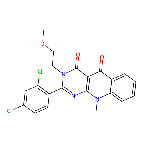 2-(2,4-dichlorophenyl)-3-(2-methoxyethyl)-10-methylpyrimido[4,5-b]quinoline-4,5(3H,10H)-dione structure