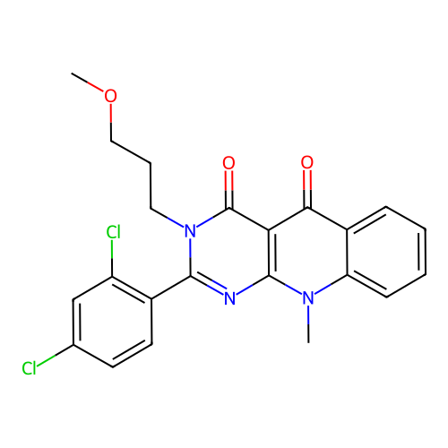 2-(2,4-dichlorophenyl)-3-(3-methoxypropyl)-10-methylpyrimido[4,5-b]quinoline-4,5(3H,10H)-dione structure