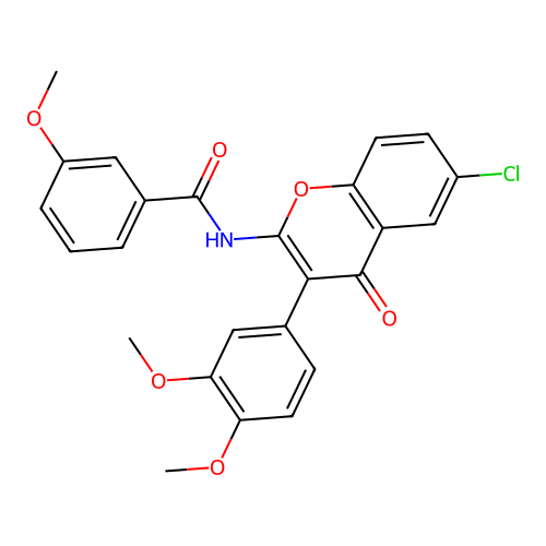 N-[6-chloro-3-(3,4-dimethoxyphenyl)-4-oxochromen-2-yl]-3-methoxybenzamide structure