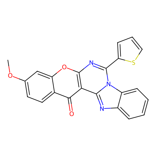 3-methoxy-7-(thiophen-2-yl)-14H-benzo[4,5]imidazo[1,2-c]chromeno[3,2-e]pyrimidin-14-one structure