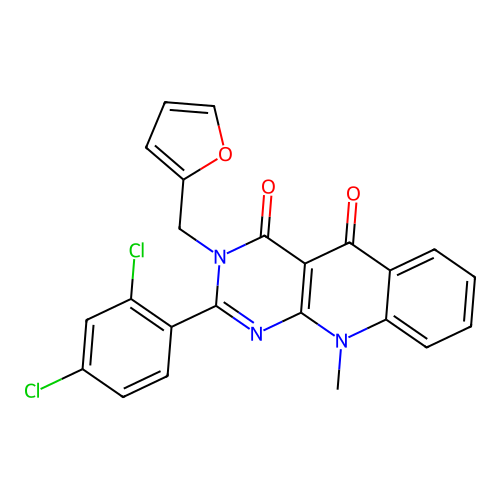 2-(2,4-dichlorophenyl)-3-(furan-2-ylmethyl)-10-methylpyrimido[4,5-b]quinoline-4,5(3H,10H)-dione structure