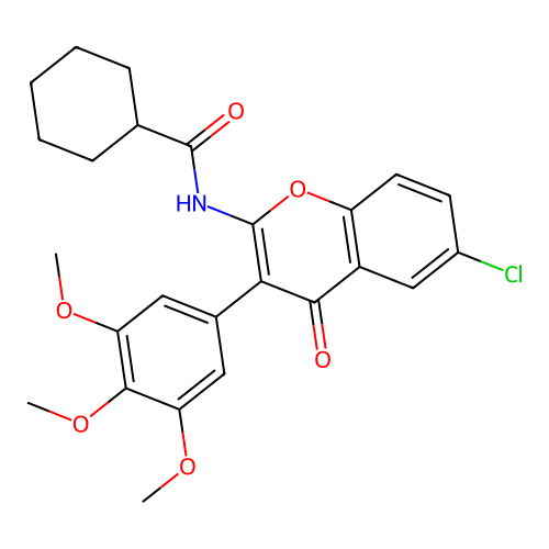N-[6-chloro-4-oxo-3-(3,4,5-trimethoxyphenyl)chromen-2-yl]cyclohexanecarboxamide structure