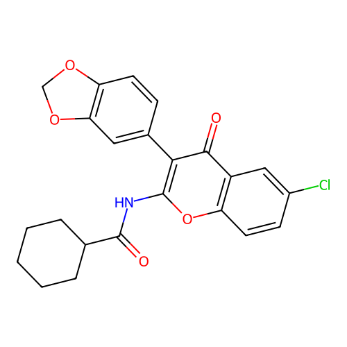N-(3-(benzo[d][1,3]dioxol-5-yl)-6-chloro-4-oxo-4H-chromen-2-yl)cyclohexanecarboxamide structure