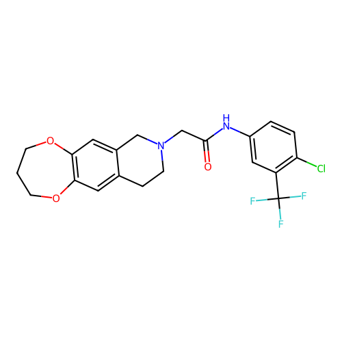 N-(4-chloro-3-(trifluoromethyl)phenyl)-2-(3,4,9,10-tetrahydro-2H-[1,4]dioxepino[2,3-g]isoquinolin-8(7H)-yl)acetamide structure