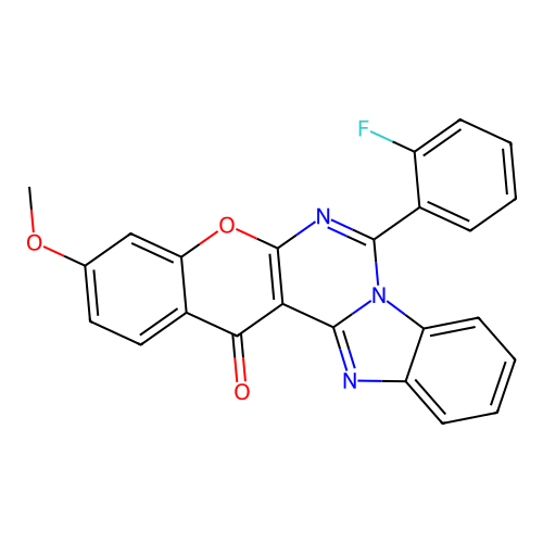 7-(2-fluorophenyl)-3-methoxy-14H-benzo[4,5]imidazo[1,2-c]chromeno[3,2-e]pyrimidin-14-one structure