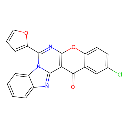 2-chloro-7-(furan-2-yl)-14H-benzo[4,5]imidazo[1,2-c]chromeno[3,2-e]pyrimidin-14-one structure