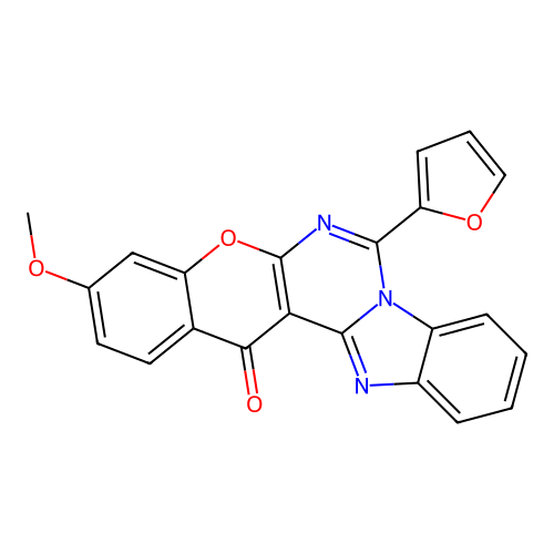 7-(furan-2-yl)-3-methoxy-14H-benzo[4,5]imidazo[1,2-c]chromeno[3,2-e]pyrimidin-14-one structure